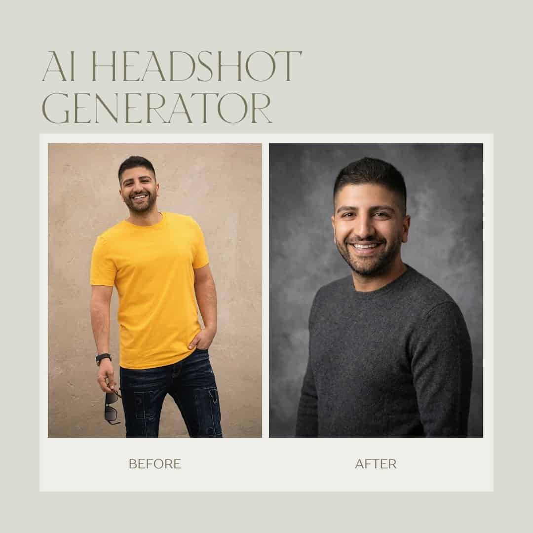 Smiling man in yellow t-shirt before and grey sweater after AI headshot transformation.