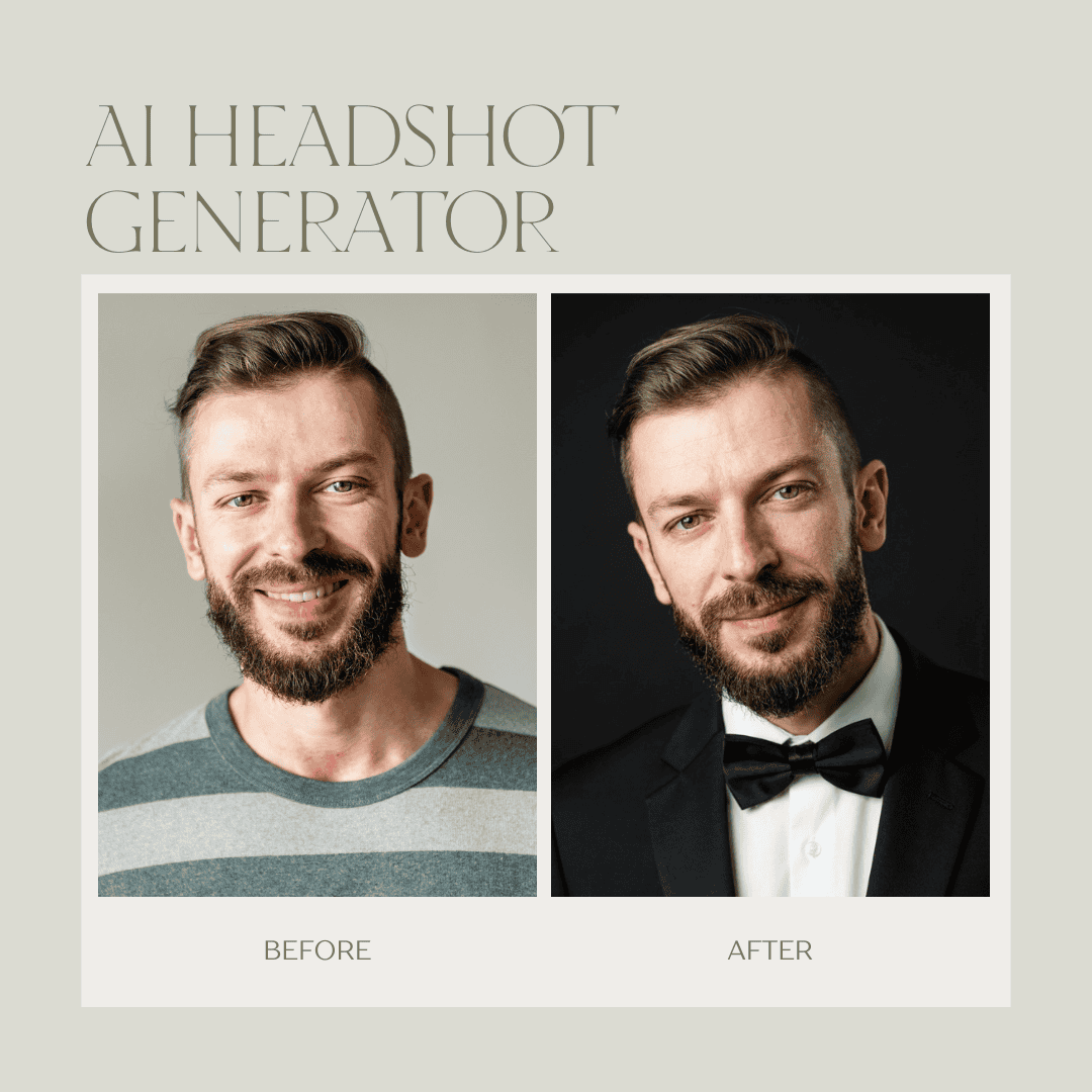 Natural bearded man before and after AI photo enhancement, professional portrait photography.