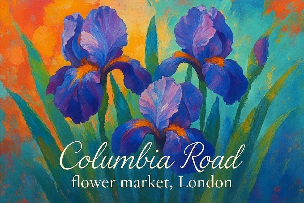 Vibrant painting of purple irises, showcasing digital art by AI photographers in London.