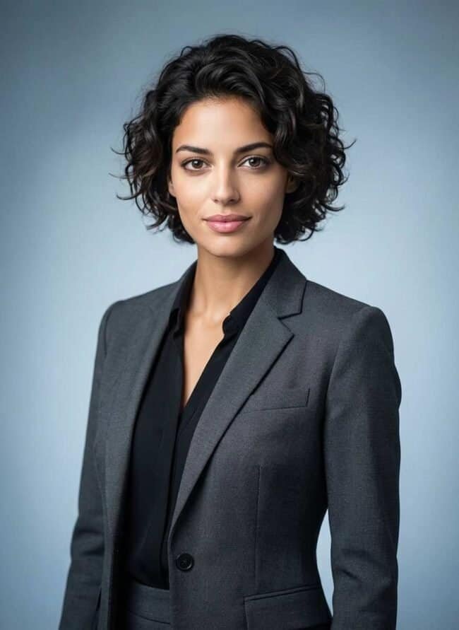 Elegant professional woman in grey blazer for corporate portrait photography.