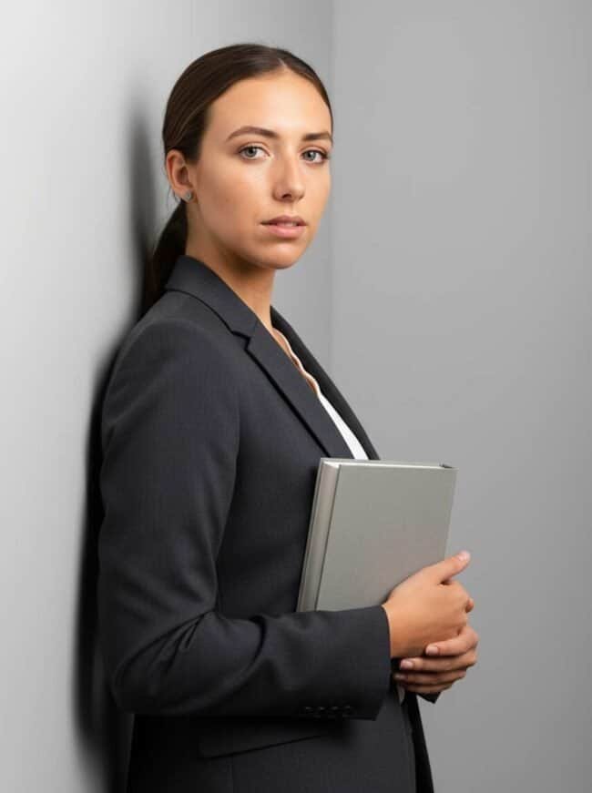 Elegant professional woman in business suit holding a grey folder, corporate headshot for AI photographers.